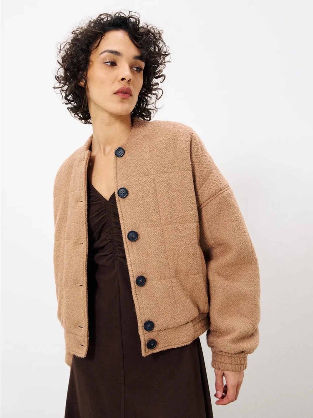 FRNCH Satia Beige Wool Blend Cropped Bomber Jacket Oversized Size Medium